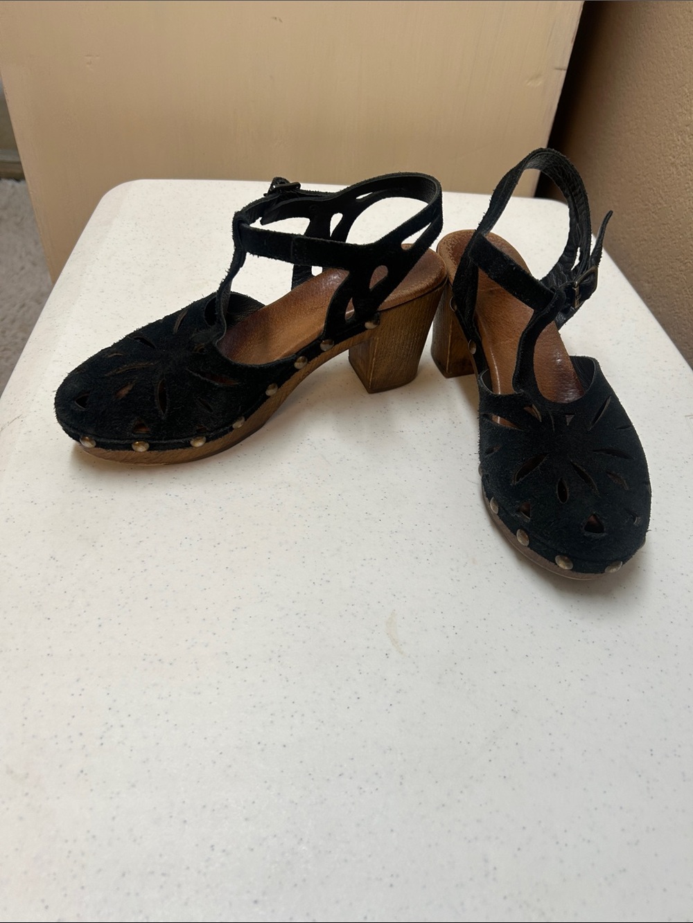 Black Suede Cutout T-Strap Clogs